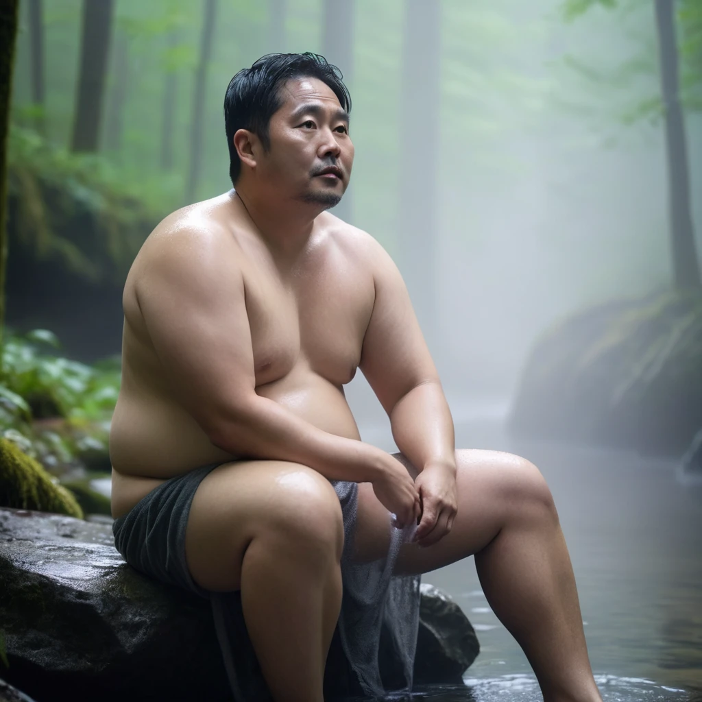 Man, Asian, 40 years old, Fat, Chubby, no shirt, taking off shirt, Shirtless, wearing a towel, towel draped over shoulder, Sitting, soaking in a mineral spring, in a big forest, heavy fog, sharp image, light beautiful.