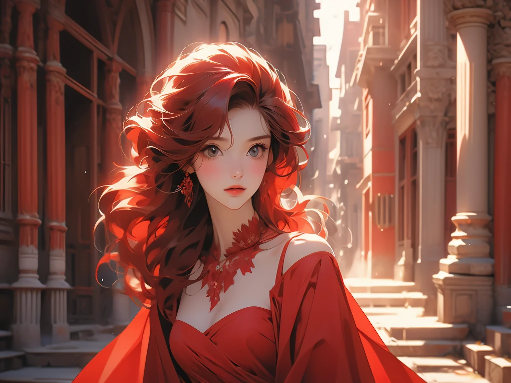 woman in a red dress wearing a red headband in a building, 1girl, solo, dress, red hair, red dress, long hair