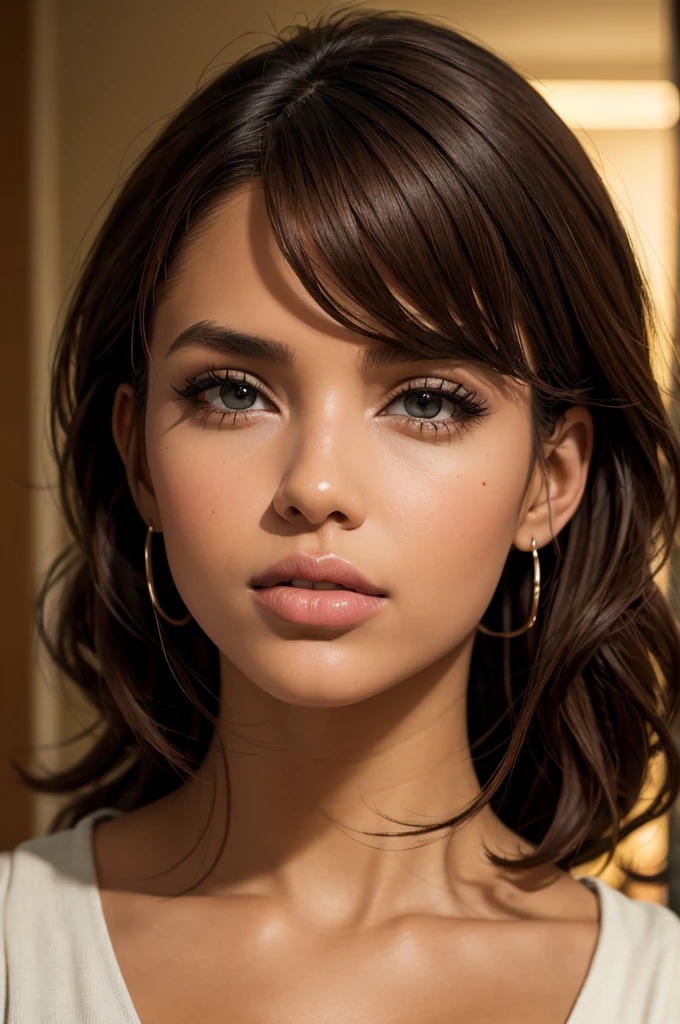 Afro-Latina woman aged 18, mixed-race woman, 1girl, solo, athletic build, brown hair, brown eyes, African nose, big lips, long curly hair, parted bangs, constricted pupils, Hyperrealism, cinematic lighting, bust chart, perspective, Ultra-Wide Angle, Nikon, masterpiece, high quality, super detail, textured skin, highres, best quality, whole-body photo