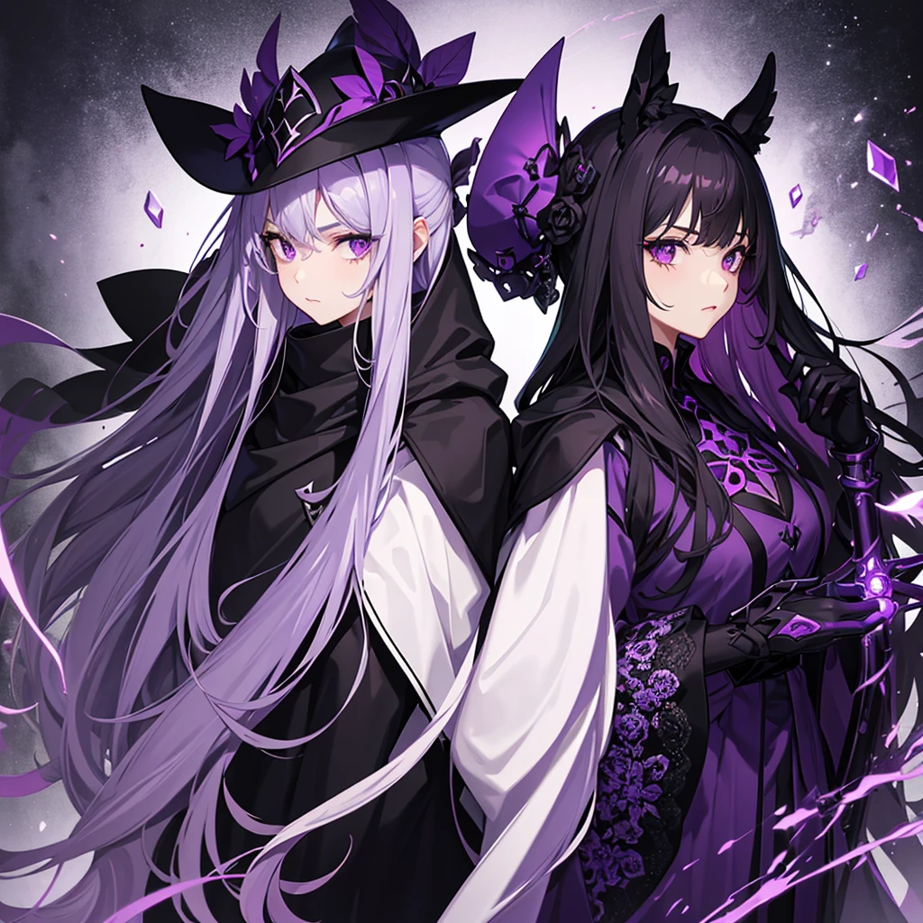 Cloak: Long with a dominant dark purple color, has black accents and an elegant design.hat: Dark purple in color with accents that match the robe, often decorated with ornaments.Face mask: Covers most of the face with a dark design and often has purple or black elements.Hair: purple with shades of purple or dark purple, medium length,long, slightly curly.weapon: A purple or black bow with a design that fits the dark and elegant theme.eye: Red or luminous in color, visible through the mask.accessories: accessories tambahan berwarna ungu atau hitam yang mendukung tema keseluruhan penampilan.