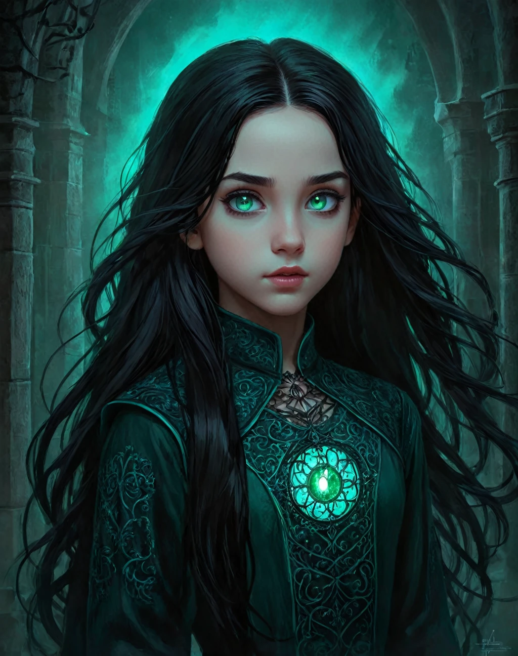 illustration of 11 years old daughter of severus snape, ,long black hair, (intricate details), (****), eldritch, (nightmare), green, (teal:1.1), (black:0.9), insane, horror \(theme\), glow, glowing eyes