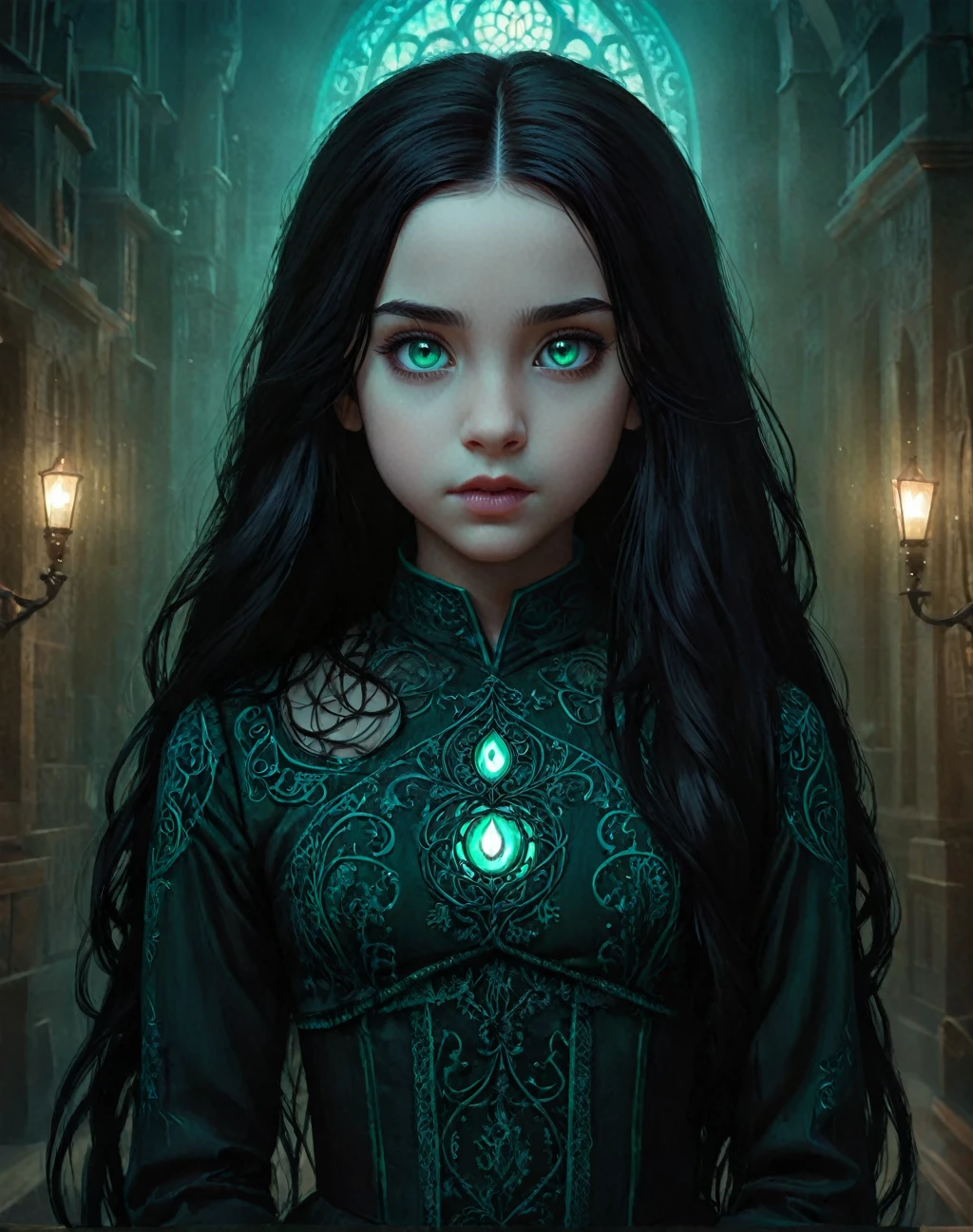 young 9-year-old daughter of severus snape,((highest quality)),(ultra high resolution),(Super detailed),(detailed description),((best CG)),(best work of art) ,black hair, green eyes, Blank box,Blank card back box, Decorative panels, abstract artistic, Alphonse Mucha's (tmasterpiece, Best quality at best, A high resolution: 1.4), detailed, Complicated details, 4K, splash of color, line art, fibonacci, starrysky, natta, luring, cloud, reflector, water, Magik, (tarot cards),Beautiful golden water crystal star)) buliding, palaces, Patterned, Sumeru, cloud, themoon