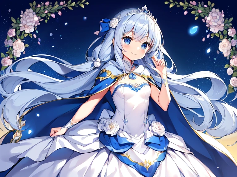 best quality,(long train blue cape:1.15),(long train white ball gown with floral decoration:1.15), a girl is wearing a cape over her dress, anime style, rococo style, little princess, tiara, kind smile, very long hair, small breast, perfect fingers, masterpiece