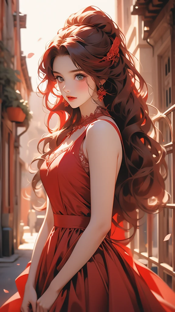 woman in a red dress wearing a red headband in a building, 1girl, solo, dress, red hair, red dress, long hair