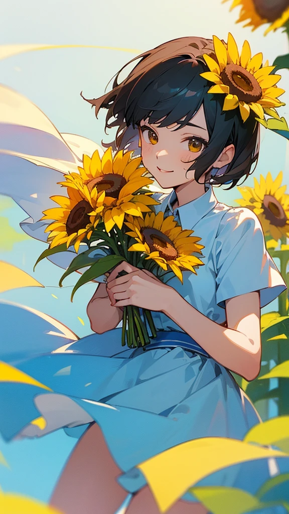  master piece, best quality, for below, cinematic angle, upper body , pigeon toed,  
Anime-style Moe illustration, summer vacation theme, 20-year-old 4womans holding a bouquet of sunflowers, short hair, summer dress, slightly inner thighs, smile, accurate drawing, Active pose,