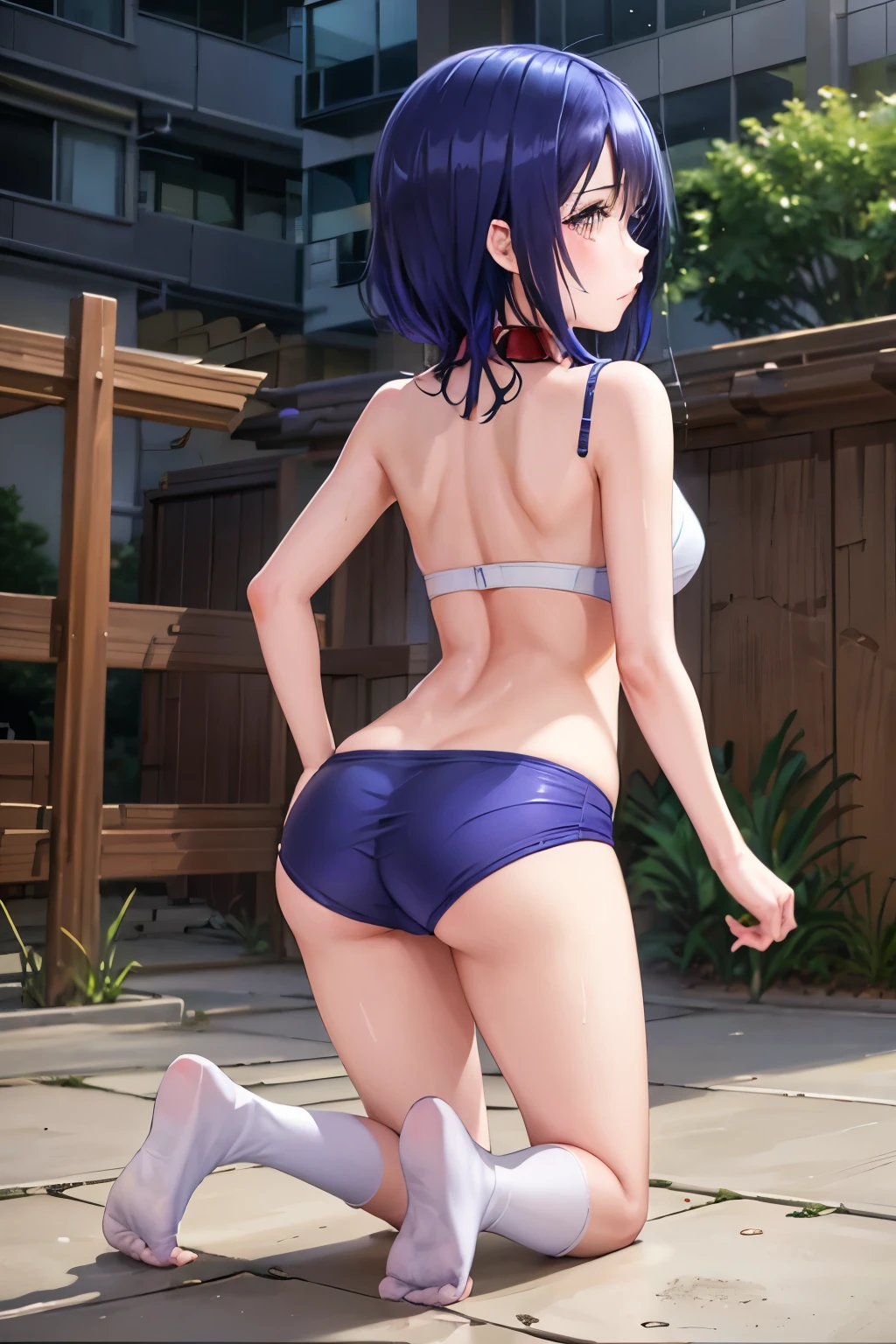 Haruna Sairenji、To Love-Ru、Blue Hair、Bobcut、Hairpins x 2、Show your forehead、high school girl、White gym clothes、Navy Blue Bloomers、Soaking wet、Wet gym clothes、Sheer gym clothes、You can see through the bra、See-through underwear、first round、Embarrassing、blush、Watery eye、tearoist eyes、（（（ＳＦＷ、sound、Highest quality、first-clasasterpiece、Normal body、8k、Detailed face、Ultra-precision、Normal hand、Normal finger、５Finger、Highest）））、Full body view、Back view、School、Backyard of the gym、Thundercloud、heavy rain、Downpour、soaked、Outdoor、On all fours、Dog collar、リード付きfirst round、first roundを付けられた、first roundに鎖、first roundにリード、first roundのリードを引っ張られている、first roundの鎖を引っ張られている、first roundの縄を引っ張られてOn all foursで歩いている、On all foursで歩く、Taut rope、Being at the mercy of、Scared、Remote control vibrator in bloomers