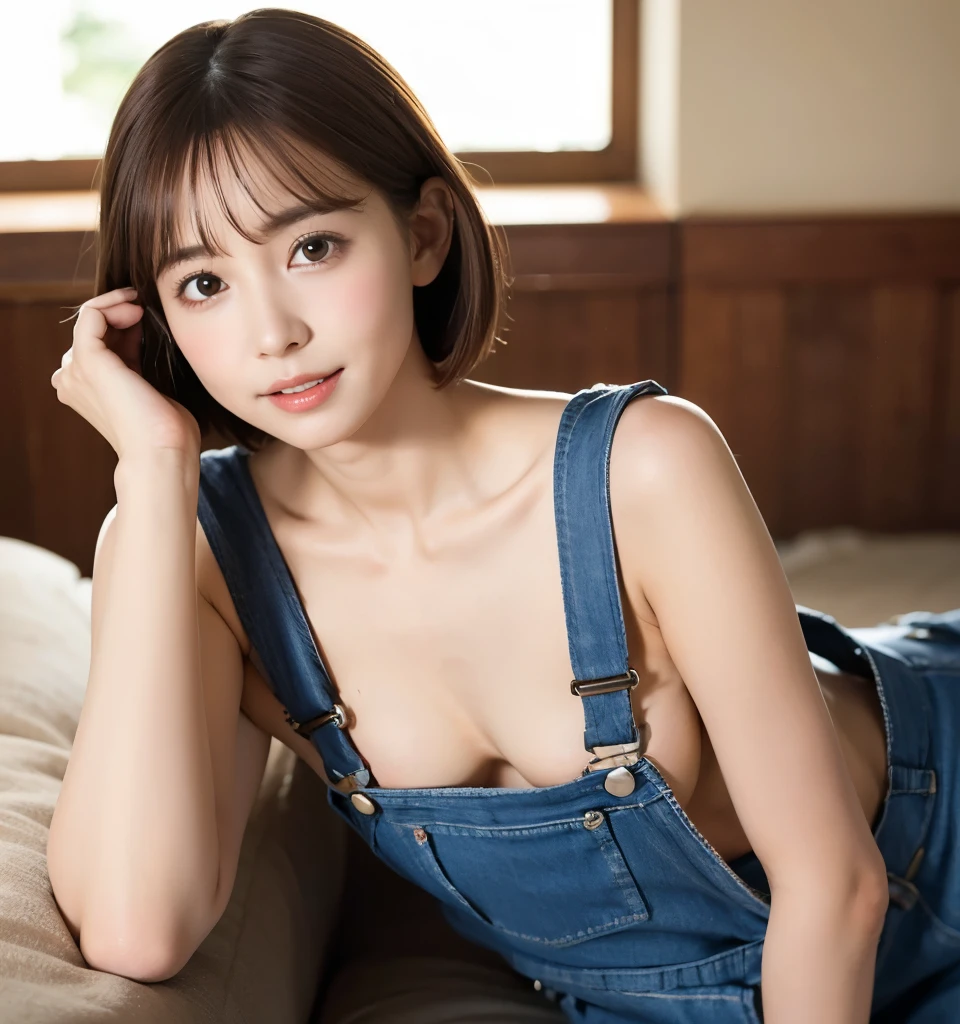 Highest quality、、 Compensate、masterpiece、Ultra-high resolution、Clear photos、Natural light、Very cute girl、The cutest Erina Mano、Baby Face、(Small breasts:1.6、Flat Chest:1.6)、Slender body、Tight waist、Very short bob cut、Brown Hair、smile、Delicate face、Beautiful Skin、(Naked and wearing overalls:1.4)、(slouch、Her cleavage is visible)、living room、Head to knee photo:1.8