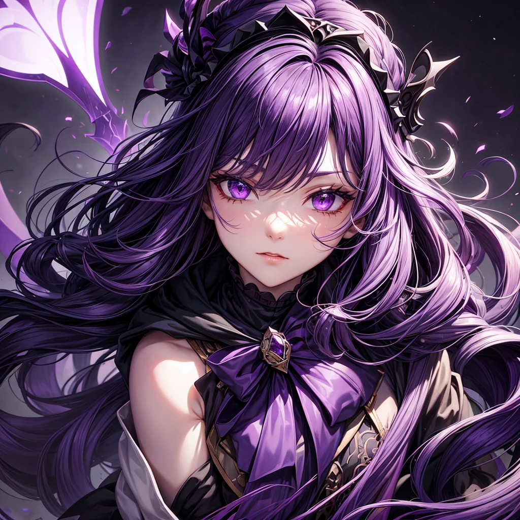 Cloak: Long with a dominant dark purple color, has black accents and an elegant design.hat: Dark purple in color with accents that match the robe, often decorated with ornaments.Face mask: Covers most of the face with a dark design and often has purple or black elements.Hair: purple with shades of purple or dark purple, medium length,long, slightly curly.weapon: A purple or black bow with a design that fits the dark and elegant theme.eye: Red or luminous in color, visible through the mask.accessories: accessories tambahan berwarna ungu atau hitam yang mendukung tema keseluruhan penampilan.