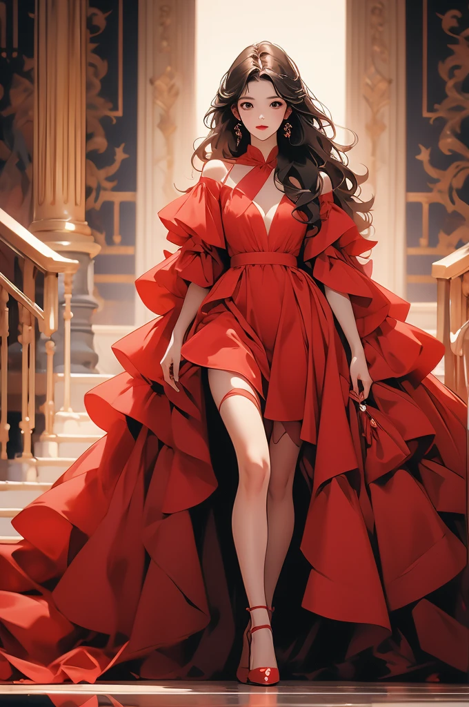 a woman in red dress talking while standing on top of stairs and wearing high heels, 1girl, solo, dress, black hair, red dress, long hair