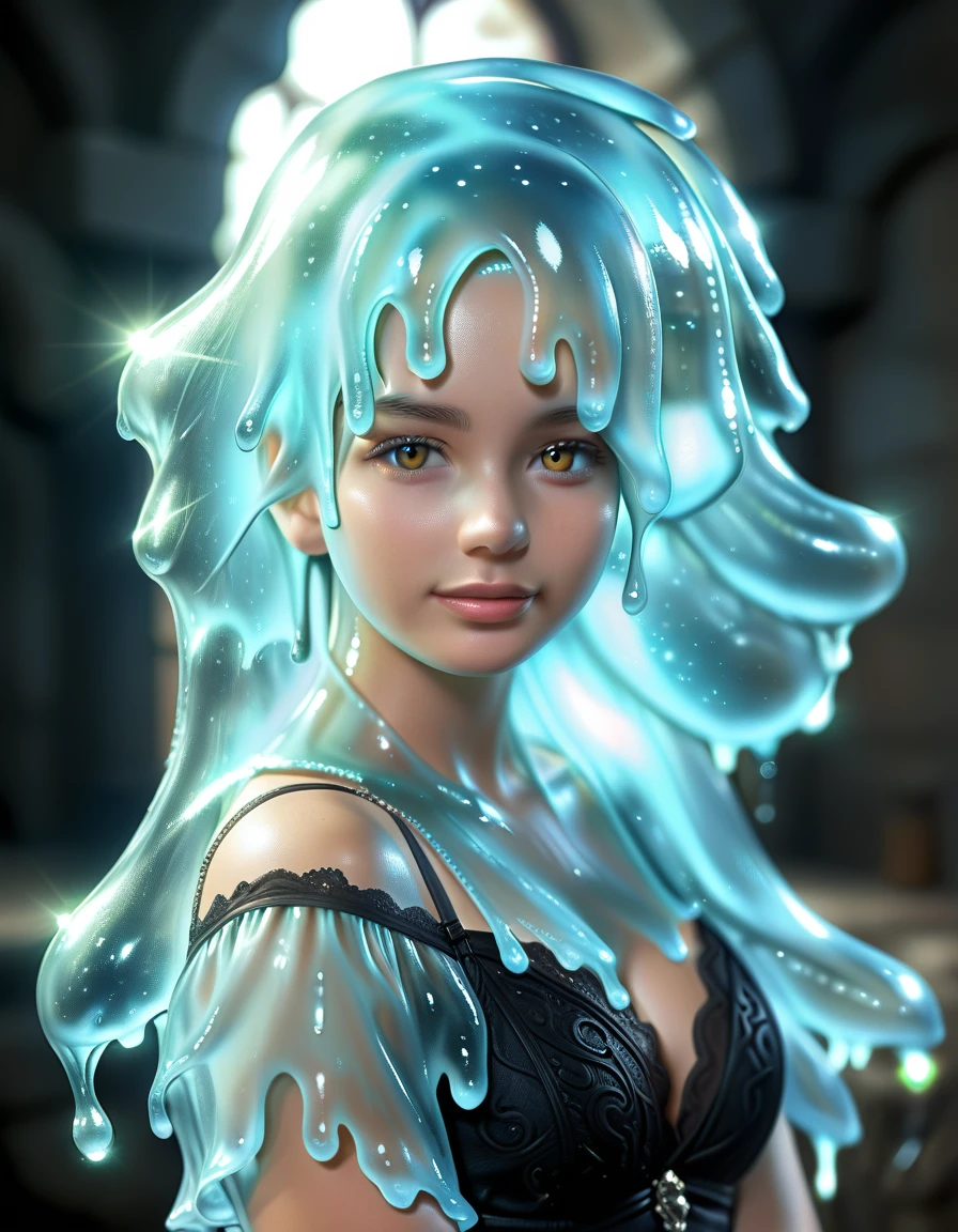 a beautiful (slime girl:2.0) transforming in a dark fantasy dungeon, highly detailed and realistic, transparent and glowing skin, stunning young woman, game monster, ultra-detailed, 8k, photorealistic, masterpiece, dramatic lighting, ethereal, otherworldly, glowing, intricate, flowing hair, elegant pose