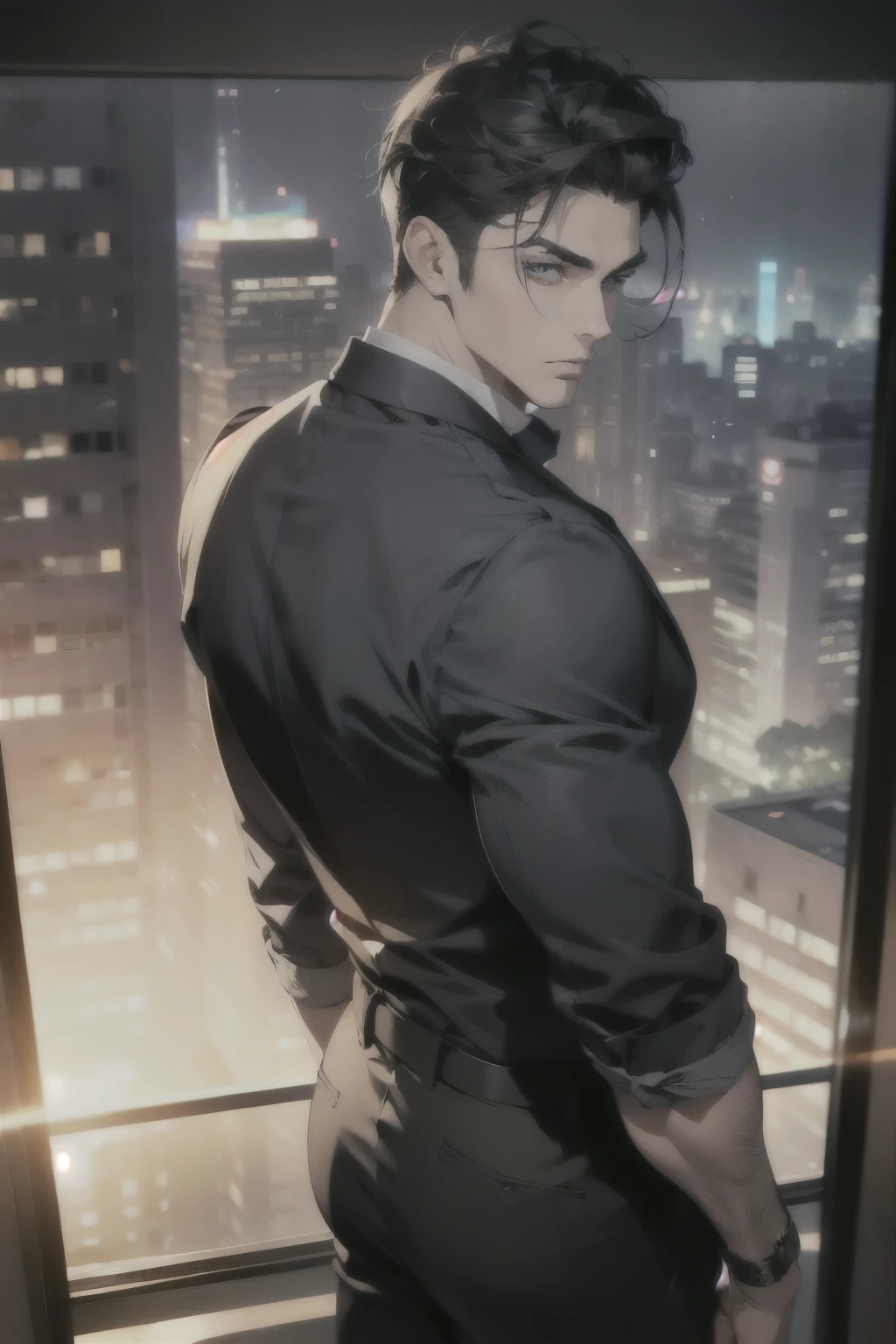 (Best Quality,4k,8k,High resolution,masterpiece:1.2),ultra detailed,(realist,photorealist,photo-realist:1.37),1 man,31 years,mature man,high,Big eyebrows,adult,very handsome,focused from behind,big body,muscular,without expresion,short gray black hair,blue eyes,perfect face without mistakes,cinematic lighting,imagen HDR