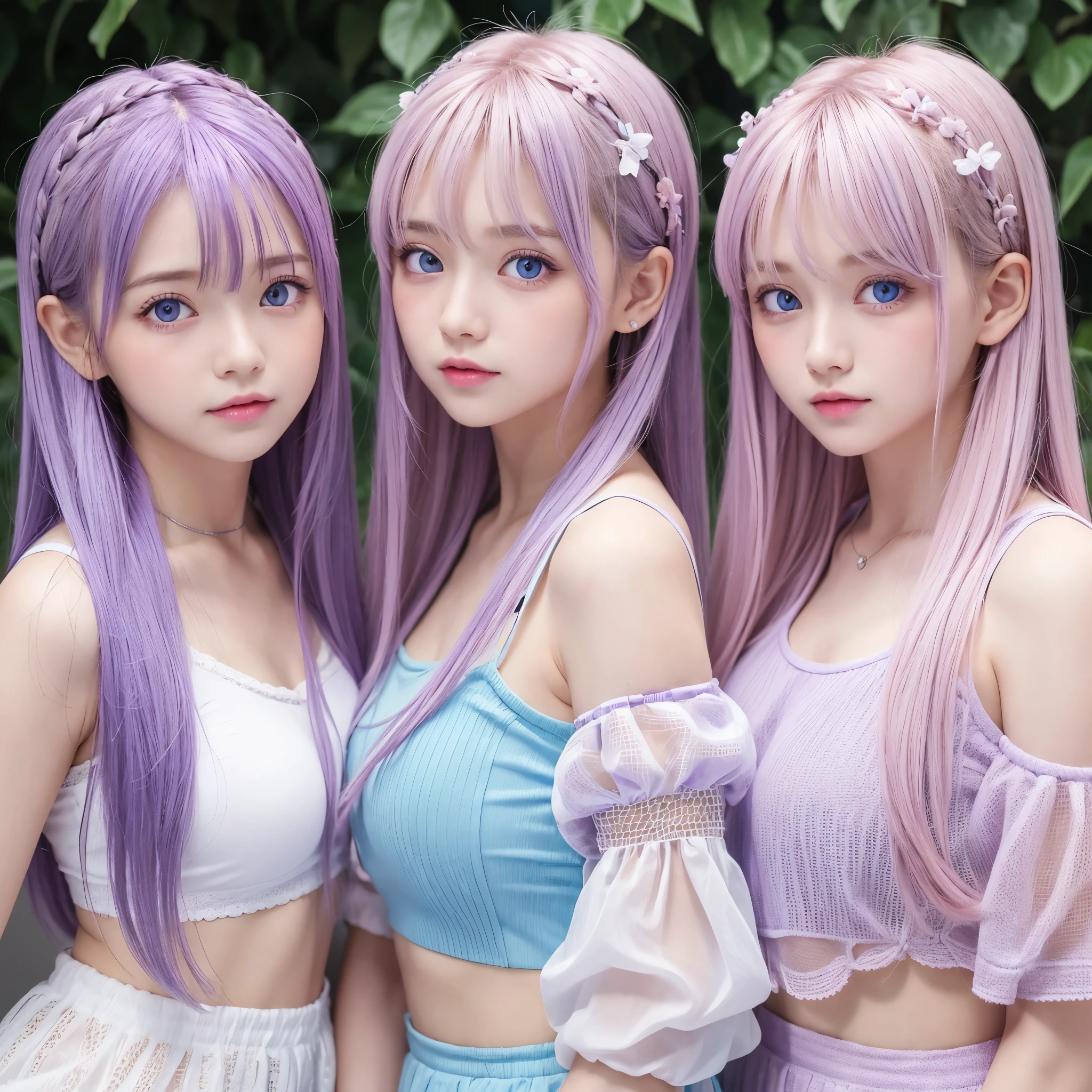 Light purple twin-pair hair with white mesh。With bangs。Cute one girl idol。Cute light blue eyes with light pink highlights。