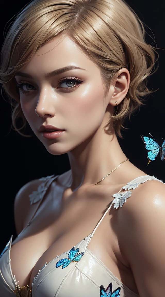 Ester Exposito, butterfly sexy clothes, character portrait, 3 9 9 0 s, short hair, intricate, elegant, highly detailed, digital painting, artstation, concept art, smooth, sharp focus, illustration, art by wlop, charlie bowater and alexandra fomina