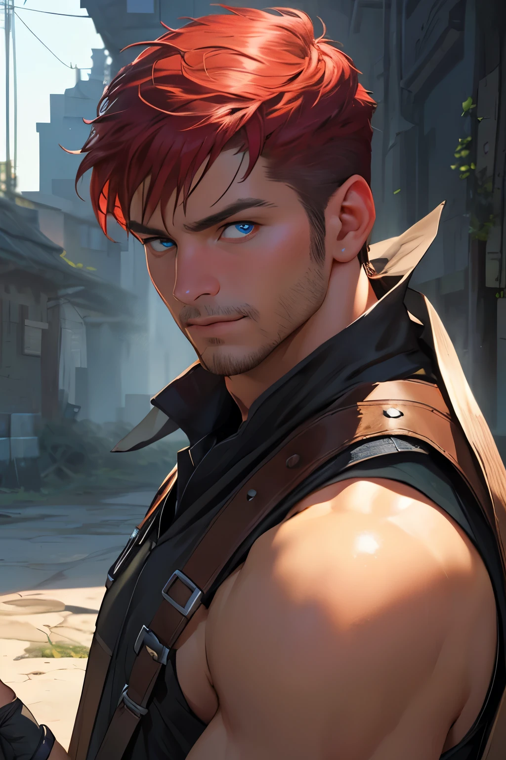 (RAW photo, Best quality), (realistic, photo-realistic:1.3), masterpiece, very courageous and courageous, extremely detailed, computer graphics, 2k wallpaper, amazing, finely detail, extremely detailed computer graphics Unity 8k wallpaper, huge file size, ultra detailed, a high resolution, absurdity, soft light, Tan skin, detailed fingers, extremely detailed eyes and face, beautiful detailed nose, beautiful detailed eyes, Light on your face, I look at the viewer, (1 person, mature face), realistic face, realistic body, underwear, shirtless, big bulge on underwear, man, 30 years, very short haircut, shaved temples, Red hair, Blue eyes, thick stubble, magic blacksmith, fantasy world, d&d, The Magician's Costume, big pecs, action scene, Magician's clothes, dynamic lighting, fingerless gloves, ((full height)), short haircut, (wizard), magic,