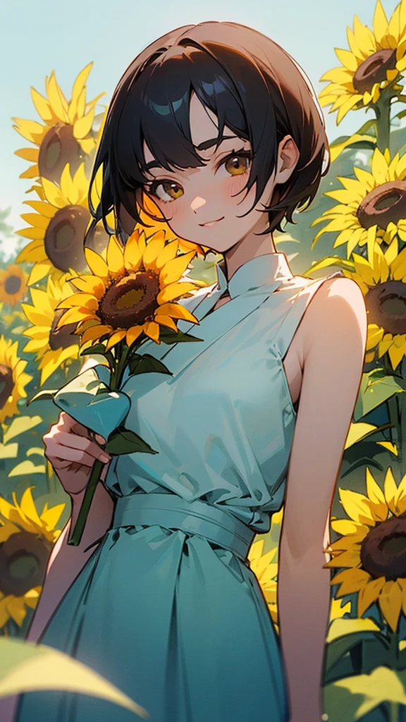 master piece, best quality, for below, cinematic angle, upper body , pigeon toed,
Anime-style Moe illustration, summer vacation theme, 20-year-old 4womans holding a bouquet of sunflowers, short hair, summer dress, slightly inner thighs, smile, accurate drawing, Active pose,