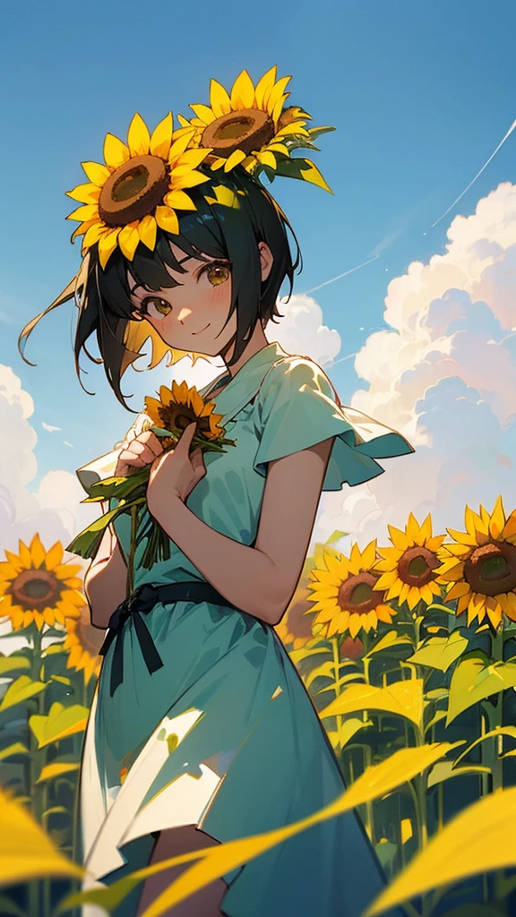  master piece, best quality, for below, cinematic angle, upper body , pigeon toed,  
Anime-style Moe illustration, summer vacation theme, 20-year-old 4womans holding a bouquet of sunflowers, short hair, summer dress, slightly inner thighs, smile, accurate drawing, Active pose,