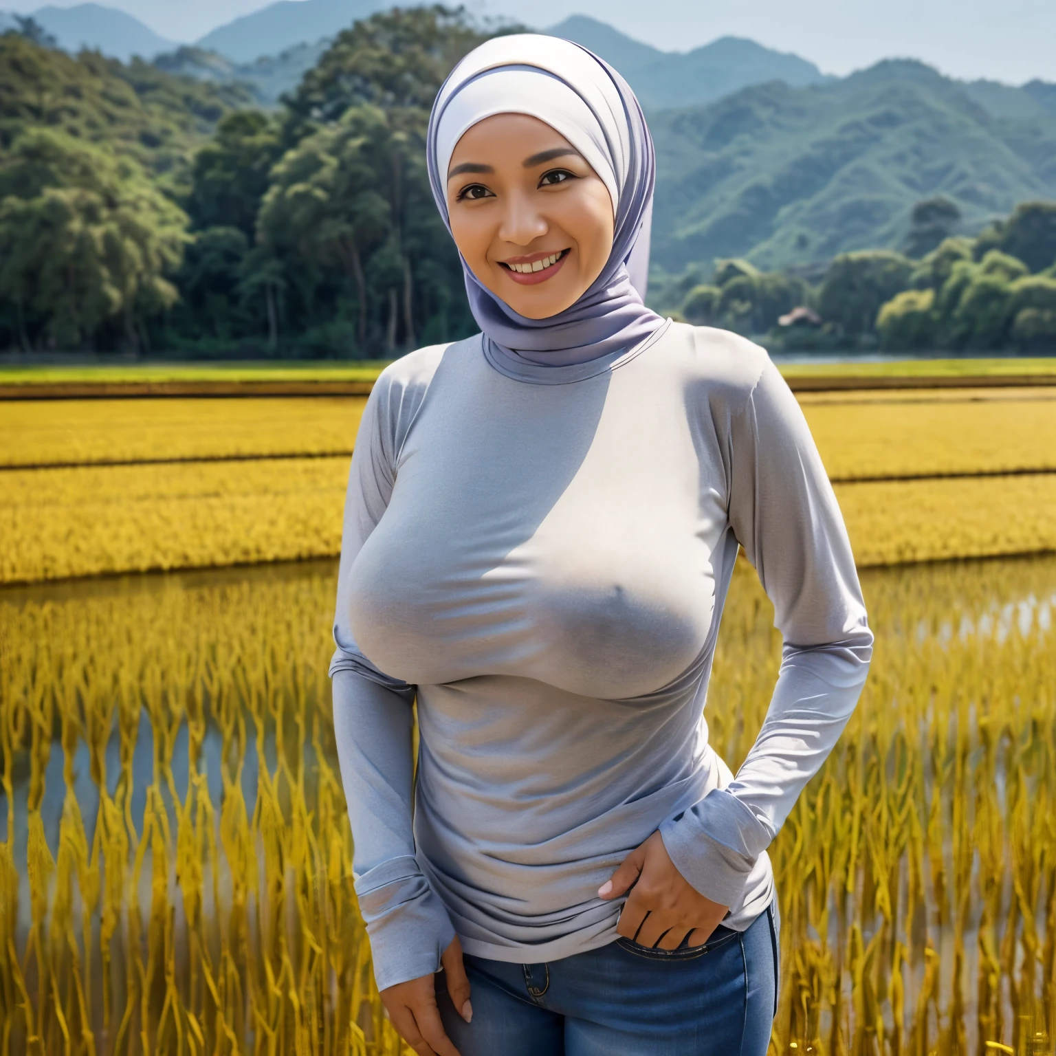 ((46 years old, Indonesian Mature woman, mature age woman, Hijab, Wearing Tight Long-Sleeve T-shirt))), ((Natural Gigantic Breast : 1.4)), casual Pose, Smiling face, Professional Photoghraphy, work By Master Of Photoghraphy, (((At Rice Field))), Deep photo, Full body shot, 32K Best Quality photo, Ultra-high reallistic Photos.