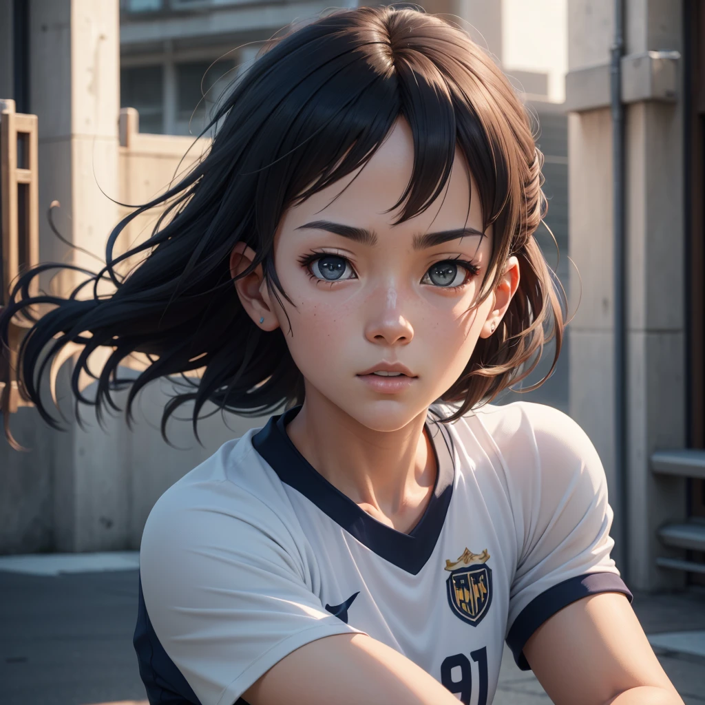 a soccer player in anime style,1 person,detailed face,beautiful eyes,detailed facial features,dynamic pose,action scene,vibrant colors,cinematic lighting,dramatic shadows,photorealistic,8k,high quality,masterpiece