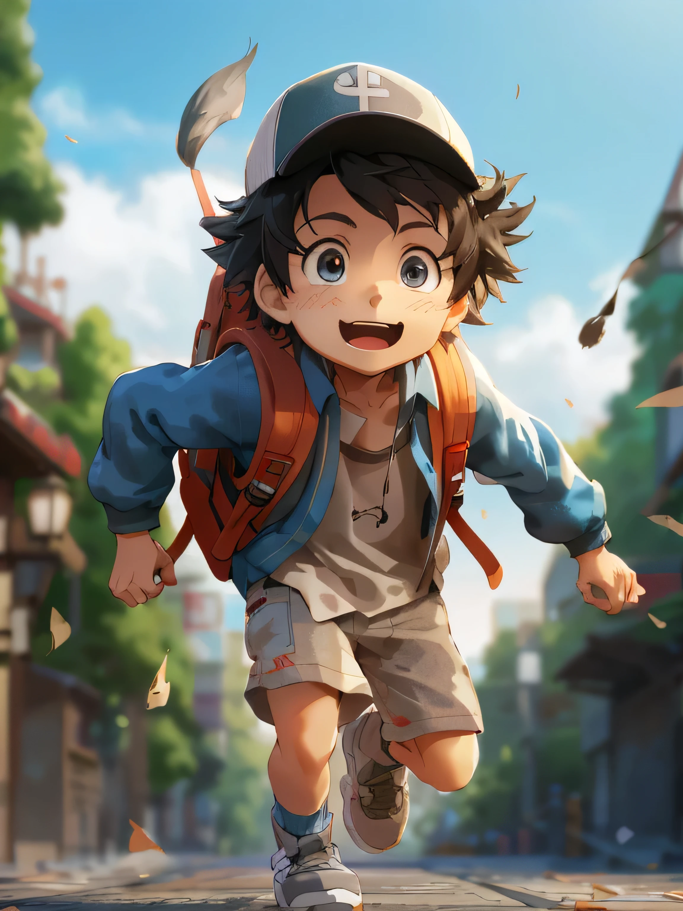 Carrying a backpack、Anime boy wearing a hat running on the street, Japanese anime style, Stylized anime, Anime style. 8k, Animation style rendering, 2. 5D CGI anime fantasy artwork, Children's art on the art station, Cute numbers, Lovely and detailed digital art, Cute cartoon avatar, Anime cgi style