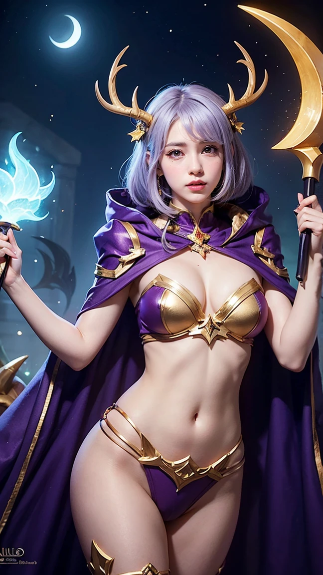 Illustrate Lillia in her latest 'Dream Guardian' skin from League of Legends by Riot Games,massive k-cups, She’s adorned in a mystical, dream-themed outfit with pastel colors, featuring a starry cloak, crescent moon antlers, and a staff that emits a soft, dreamy glow, evoking a serene and protective aura.