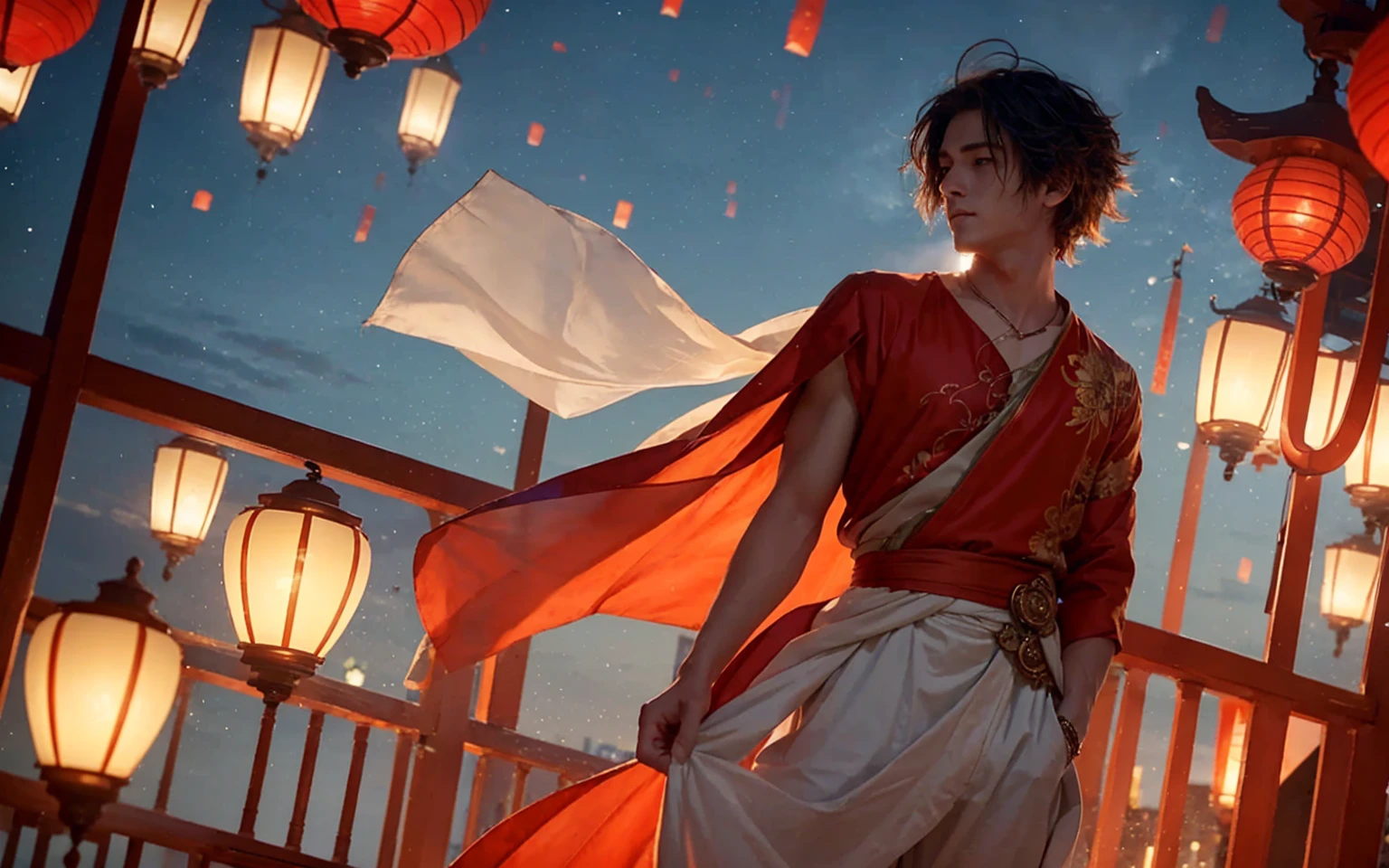 A handsome young man in white clothes with windblown hair standing thoughtfully on a balcony at dusk, gazing over a vast cityscape illuminated by floating lanterns in a twilight sky, creating a dreamlike and magical atmosphere. The primary light source is the twilight sky, casting soft shadows and delicate highlights on his hair and clothes. The color scheme features cool blues and purples, with contrasting warm orange and red lanterns. The scene conveys a sense of serenity, fantasy, and a touch of melancholy, with the young man's pose and expression suggesting contemplation or longing. The wind adds a dynamic element, bringing life to his hair and clothes, and the lanterns gently rise, enhancing the magical ambiance. The city lights twinkle like stars, adding depth and detail to the background.
