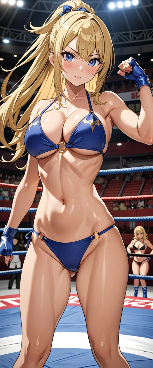 ((masterpiece)), ((high quality)), ((super detailed)), ((high resolution)) ,((8k)), a beautiful woman, ((She is one of the most famous female Gravure actress in the world.)), unparalleled beauty, ((huge breast)), ((large ass)), ((deep cleavage)), slim waist, chest out, ultra detailed face, perfect skin, (((Half-up hairstyle, Blonde straight hair))), blue eyes, detailed eyes, whole body image, (((anime))), ((glamorous)), 21 years old, ((incredibly beautiful woman)), ((The I cup bust)), ((((sling bikini ring wear, inner)))), ((beautiful breasts)), beautiful legs, 8 life size, anime, the most beautiful and strongest, ((charm)), ((Half Japanese and half British)), ((Grown-up face)), ((Open Finger Glove, Five fingers)), (((Women's mixed martial arts, A fighting arena))), ((Bewitching)), Sexy pose, ((A young heroine of the women's professional wrestling world)), ((Sensual pose)),