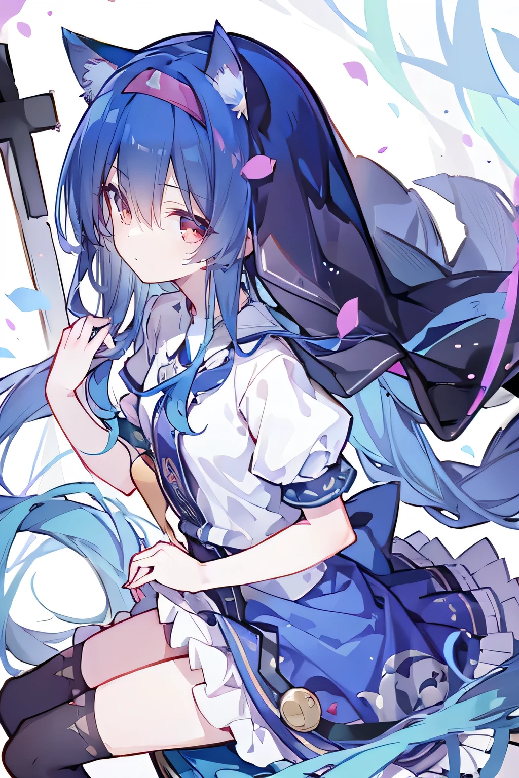 (masterpiece:1.2),Extremely detailed,Practical,expressive eyes,Fair skin,Perfect face shaping,1 Girl,
Japanese cartoons,Gorgeous blue hair, the long flowing blue hair,Floating clothes,Cat ears,Petals fall,beautiful lola,Young Angel,
Place your hands on your waist,sit elegantly on the ground,Cross your legs,Gentle and peaceful background,stately church,nun.
