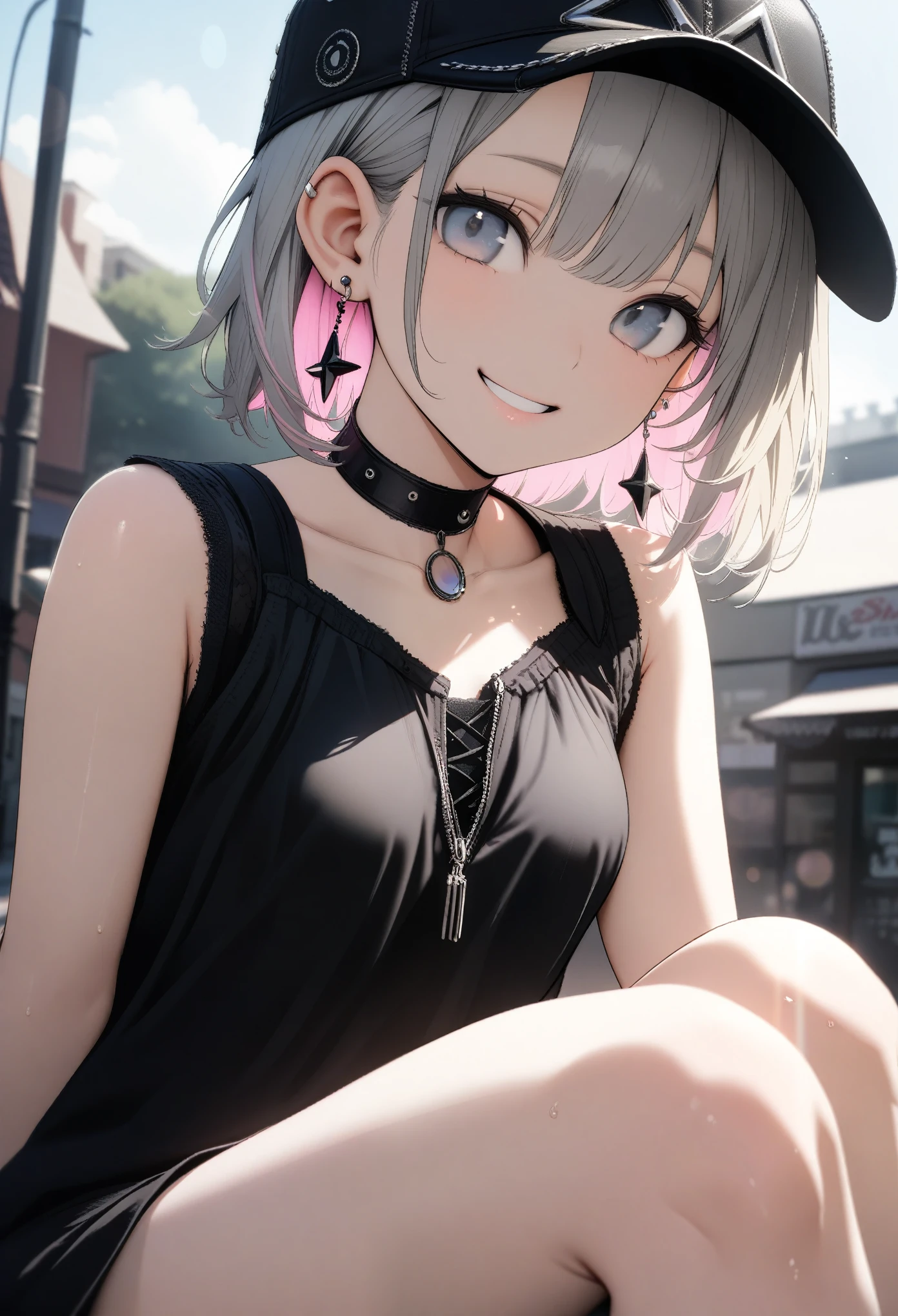 Very cute 15 year old girl, ((She has some silver earrings in her ears.. Stylish black baseball cap. Black choker、Black punk fashion))、(Gray hair color、Light pink inner color hairstyle、short hair、Hair expressed with a delicate touch), Beautiful Hair, Facial Contour, Remember, In town, splash, Lens flare、sunlight、illumination、Natural Color, High resolution, Very delicate, Very detailed, 8k,（Her breast size is about a B cup）、Shyness,((Sexual)),((Naughty feelings)),smile、Chest and face angle、Crossing your legs、Viewing angle from knee height