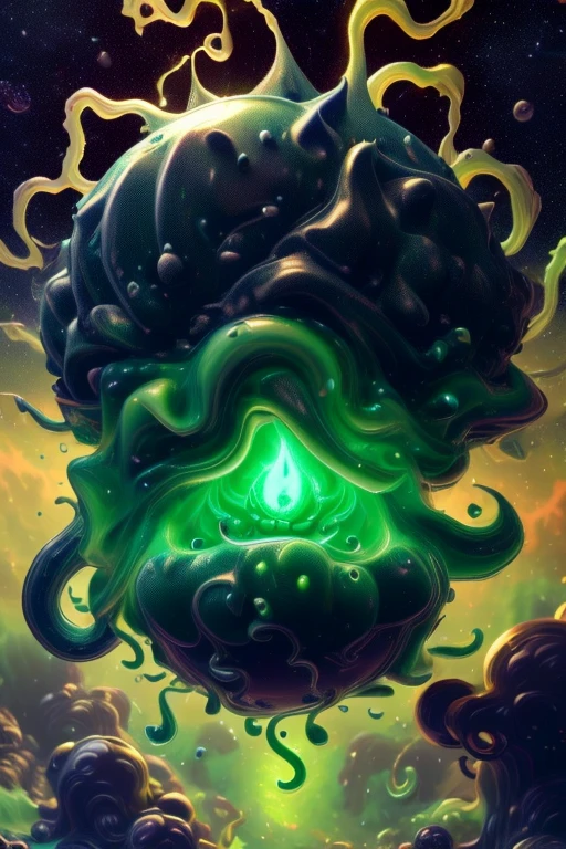 Slime monster, amorphous slime of monstrous colors ,Slime creature with tentacles and many mouths, Azathoth, in the middle of the universe
masterpiece,Highest quality,8k,High resolution,
Fantastic,scary,horrific,Cosmic horror
Please draw a amorphous Azathoth from H.P. Lovecraft. amorphous nuclear slime monster with orifices that release viscous ooze. Creatures dancing around the amorphous god in outerspace. Slime monster bubbling around galaxies, instruments play to the dark slime god. dark gases of from outpace nebula, madness of slime, slime bubbling and pulsating. planets covered by the gooey slime. Monster slime.