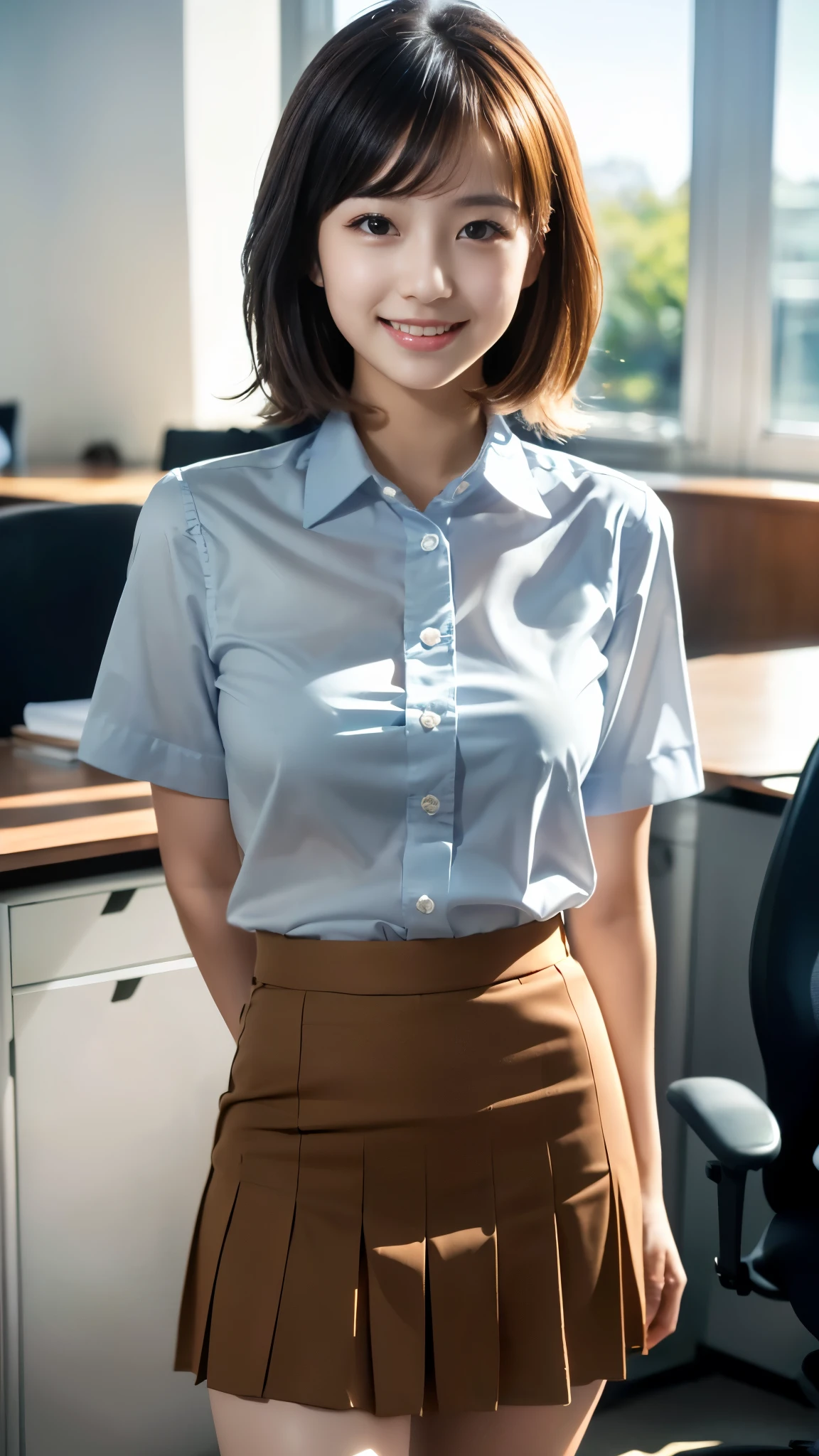 (Highest quality:1.5), (Real:1.4), (Ultra high definition:1.4), (1 Japanese skinny woman in her twenties), (skinny body), skinny face, (Plain blouse), (flare skirt), pumps, (skinny woman is standing in living room at home), (20's skinny woman is standing with blouse and flare skirt on office street), (front view of a skinny woman), office Street, (Close up of upper body), (smile), (Turn your body forward), (upright), (skinny), (skinny), (Very thin)