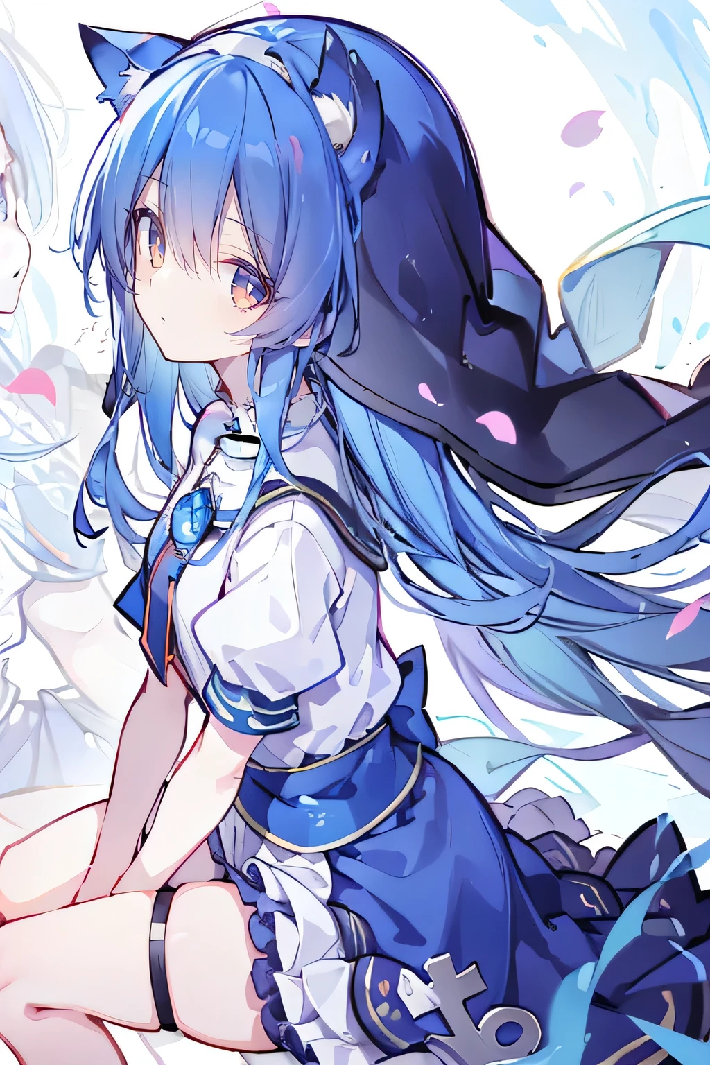 (masterpiece:1.2),Extremely detailed,Practical,expressive eyes,Fair skin,Perfect face shaping,1 Girl,
Japanese cartoons,Gorgeous blue hair, the long flowing blue hair,Floating clothes,Cat ears,Petals fall,beautiful lola,Young Angel,
Place your hands on your waist,sit elegantly on the ground,Cross your legs,Gentle and peaceful background,stately church,nun.
