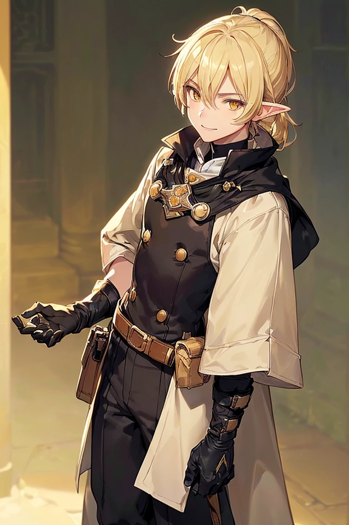 (((masterpiece; best quality: 1.2))), (finely detailed eyes: 1.3), (25 year old elf man), (solo), (yellow eyes: 1.4), (body; toned, fit, masculine: 1.3), (silky blonde hair in low ponytail: 1.3), (beautiful and clear background: 1.2), ((depth of field)), (equipment: adventurer garb + modest + elegant wide-brimmed hunter hat + beige overcoat + shirt + long black slanted cape + black pants + gloves + belt + pouches: 1.3), (anime illustration: 1.2), (background composition; royal garden: 1.1), (extremely fine and handsome: 1.1), (shot composition; standing + centered on torso + close-up: 1.5), (expression; calm, smile: 1.2)