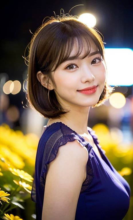(a beautiful woman, age 28, natural pose near Tokyo Tower, wearing see-through purple dress, White Daisy hairpin, feminine expression, kind smile, short disheveled hair, super definition face, fine eyes with double eyelids, dimpled kind smile, beautiful lips, fair skin, super cute and soft face, brown hair, soft toned body, ample round bosom, 8k resolution, super realistic, super definition, highest definition, masterpiece, night, bokeh_background, SFW)