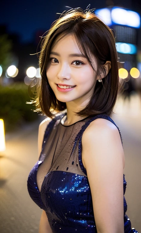 (a beautiful woman, age 28, natural pose near Tokyo Tower, wearing see-through purple dress, White Daisy hairpin, feminine expression, kind smile, short disheveled hair, super definition face, fine eyes with double eyelids, dimpled kind smile, beautiful lips, fair skin, super cute and soft face, brown hair, soft toned body, ample round bosom, 8k resolution, super realistic, super definition, highest definition, masterpiece, night, bokeh_background, SFW)