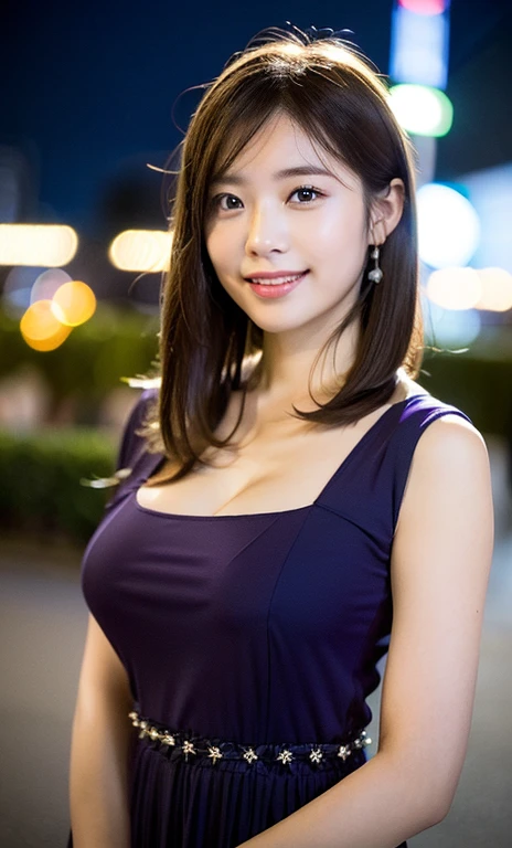 (a beautiful woman, age 28, natural pose near Tokyo Tower, wearing see-through purple dress, White Daisy hairpin, feminine expression, kind smile, short disheveled hair, super definition face, fine eyes with double eyelids, dimpled kind smile, beautiful lips, fair skin, super cute and soft face, brown hair, soft toned body, ample round bosom, 8k resolution, super realistic, super definition, highest definition, masterpiece, night, bokeh_background, SFW)