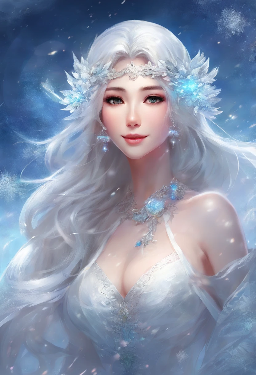 Snow Mountain,snowstorm,A sexy snow girl,White crystal long hair,Big breasts,cleavage,White Japanese kimono skirt,magic,Smile