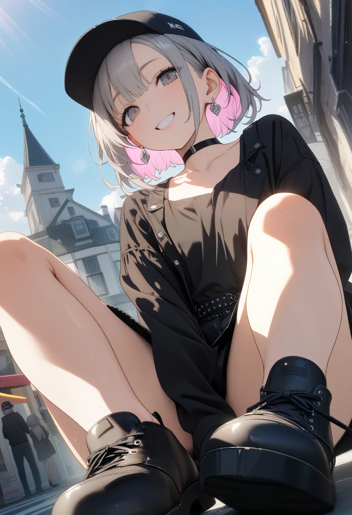 Very cute girl, ((She has some silver earrings in her ears.. Stylish black baseball cap. Black choker、Black punk fashion))、(Gray hair color、Light pink inner color hairstyle、short hair、Hair expressed with a delicate touch), Beautiful Hair, Facial Contour, Remember, In town, splash, Lens flare、sunlight、illumination、Natural Color, High resolution, Very delicate, Very detailed, 8k,(Her breast size is about a B cup)、Shyness,((Sexual)),((Naughty feelings)),smile、Full body angle(From head to shoes)、View angle from below