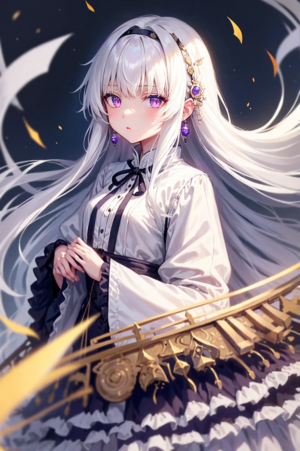 1 Girl,Unique,long hair,Facing the camera,Bangs,clothing,ribbon,jewelry,Purple Eyes,Headband,whole body,White hair,earrings,Open lips,Vague,night,背景Vague,White Dress，Ultimate image quality