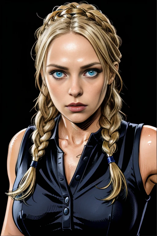 1girl, blonde long braided hair, blue eyes, beautiful detailed eyes, beautiful detailed lips, extremely detailed face, large breasts, thin lips, round face, cheerleader uniform, holding chainsaw, arrogant expression, zombie slayer, protagonist, best quality, 8k, highres, photorealistic, hyper detailed, studio lighting, vibrant colors, dramatic lighting, cinematic, concept art style, dark fantasy
