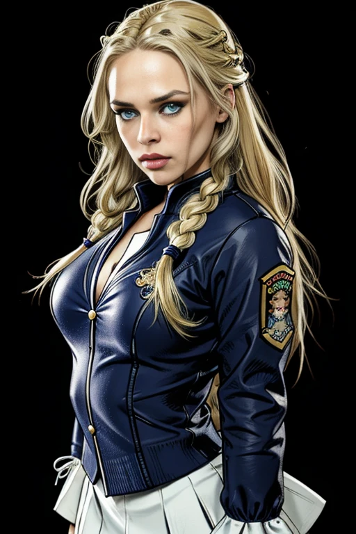 1girl, blonde long braided hair, blue eyes, beautiful detailed eyes, beautiful detailed lips, extremely detailed face, large breasts, thin lips, round face, cheerleader uniform, holding chainsaw, arrogant expression, zombie slayer, protagonist, best quality, 8k, highres, photorealistic, hyper detailed, studio lighting, vibrant colors, dramatic lighting, cinematic, concept art style, dark fantasy