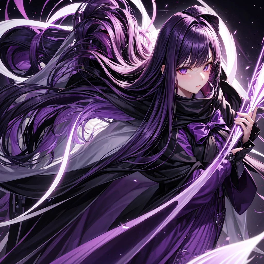 Cloak: Long with a dominant dark purple color, has black accents and an elegant design. Covers most of the face with a dark design and often has purple or black elements.Hair: purple with shades of purple or dark purple, medium length,long, slightly curly.weapon: A purple or black bow with a design that fits the dark and elegant theme.eye: Red or luminous in color, visible through the mask.accessories: accessories tambahan berwarna ungu atau hitam yang mendukung tema keseluruhan penampilan.
