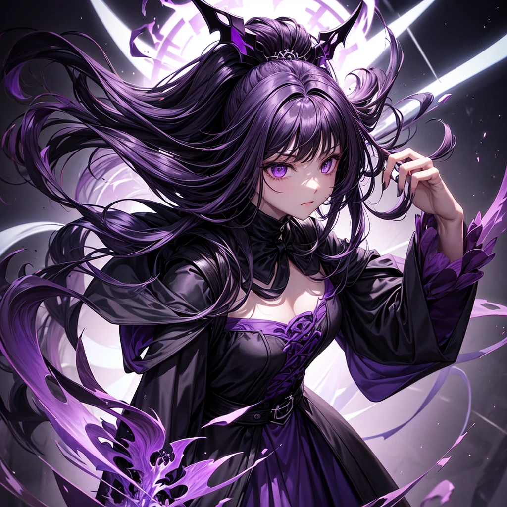 Cloak: Long with a dominant dark purple color, has black accents and an elegant design. Covers most of the face with a dark design and often has purple or black elements.Hair: purple with shades of purple or dark purple, medium length,long, slightly curly.weapon: A purple or black bow with a design that fits the dark and elegant theme.eye: Red or luminous in color, visible through the mask.accessories: accessories tambahan berwarna ungu atau hitam yang mendukung tema keseluruhan penampilan.