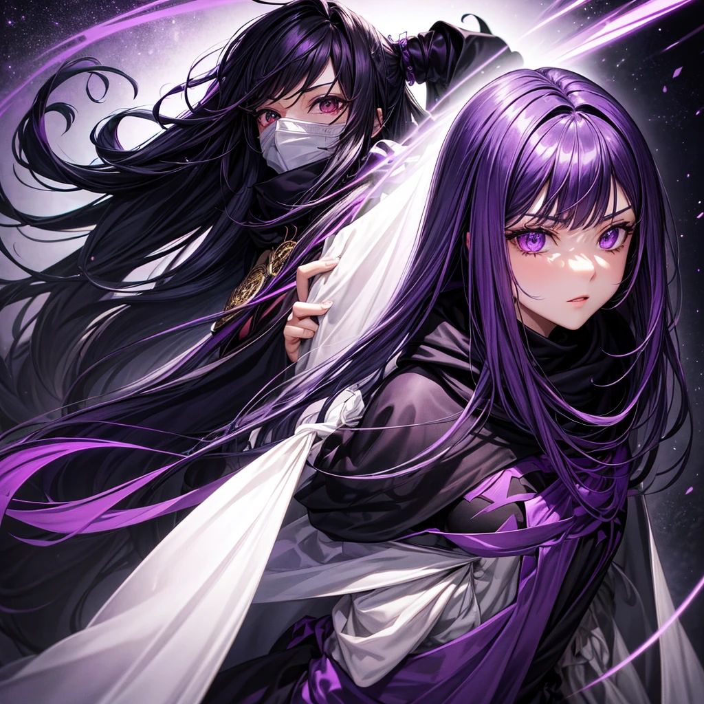 Cloak: Long with a dominant dark purple color, has black accents and an elegant design. Covers most of the face with a dark design and often has purple or black elements.Hair: purple with shades of purple or dark purple, medium length,long, slightly curly.weapon: A purple or black bow with a design that fits the dark and elegant theme.eye: Red or luminous in color, visible through the mask.accessories: accessories tambahan berwarna ungu atau hitam yang mendukung tema keseluruhan penampilan.
