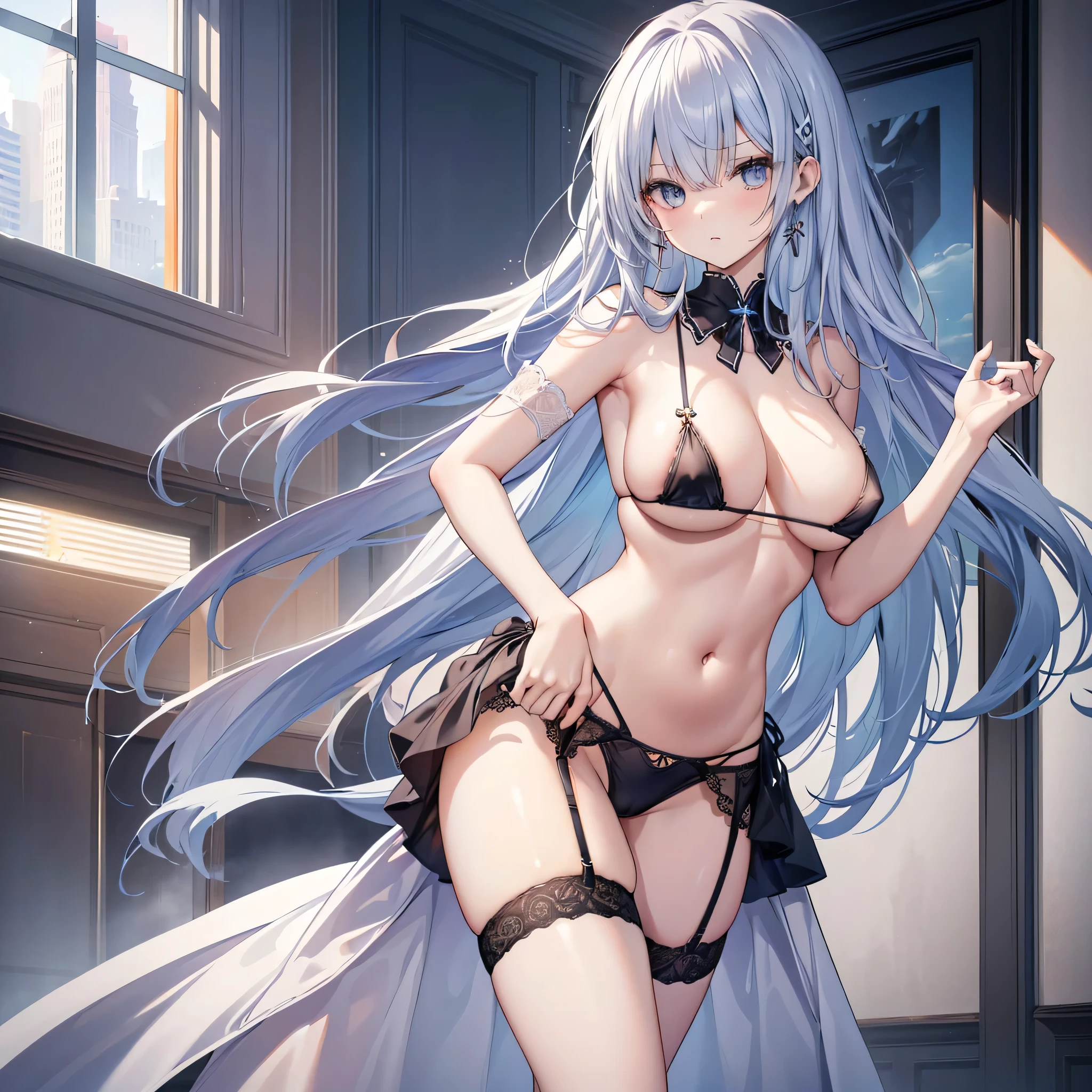 4K,High resolution, (Highly detailed CG,8k,wallpaper)、One age Woman,(((Slender,tall,Big Breasts,torso is long、garter belt,Micro Bikini、Small butt、Ultra Mini Skirt,Belly button))、Clean detailed eyes),(Huge breasts),(Huge breasts),(Huge breasts),(Huge breasts),(((Huge breasts))),(Super Breasts),(Very large breasts),(Beautiful and shapely breasts),Light-colored hair、Cute hairstyle