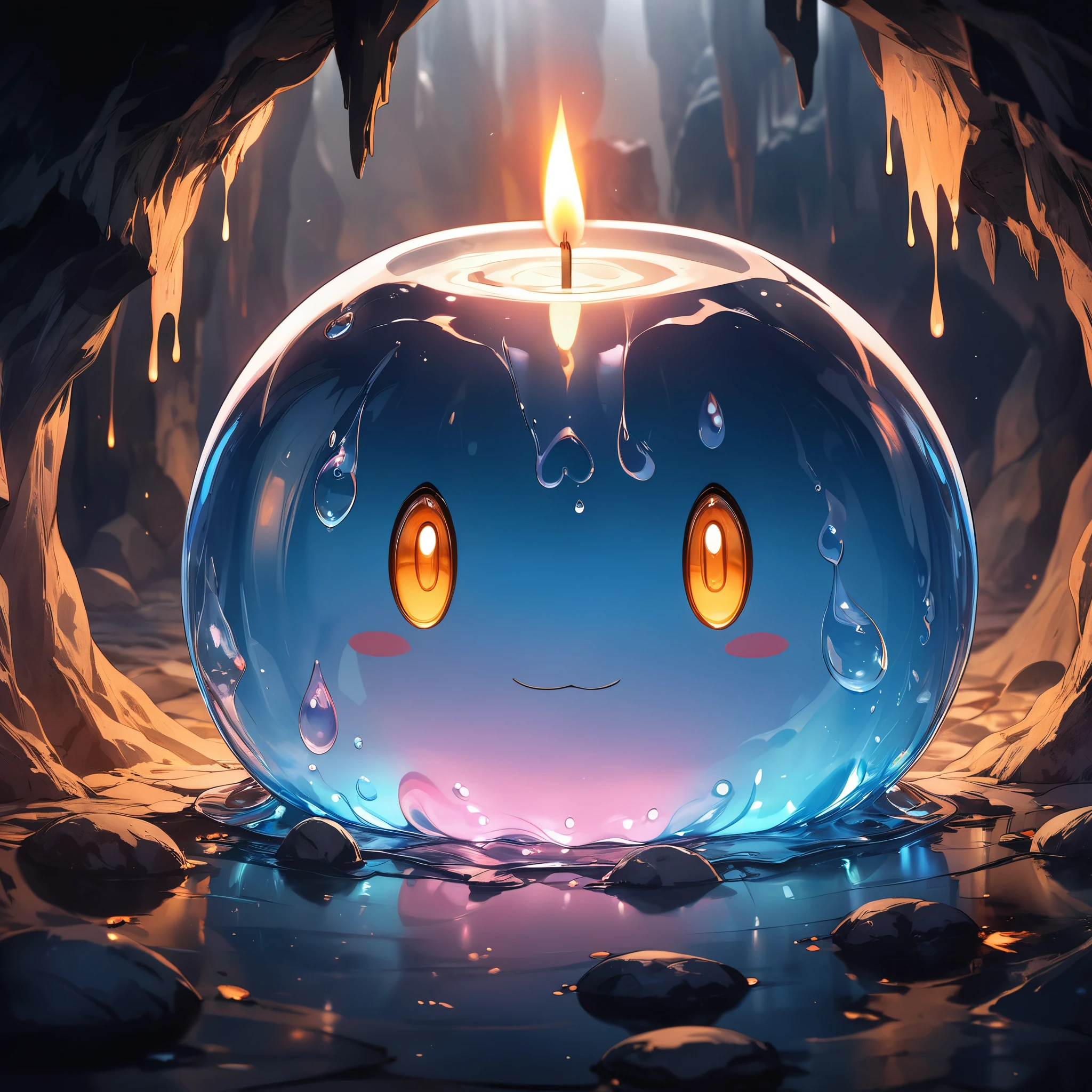 Slime that has absorbed a candle, All in one, Very transparent nature, High viscosity, Elasticity due to surface tension, Soft candle light, Emphasizes and diffuses light outside the body, Dramatic lighting in dark caves,  Give the viewer a fantastic impression