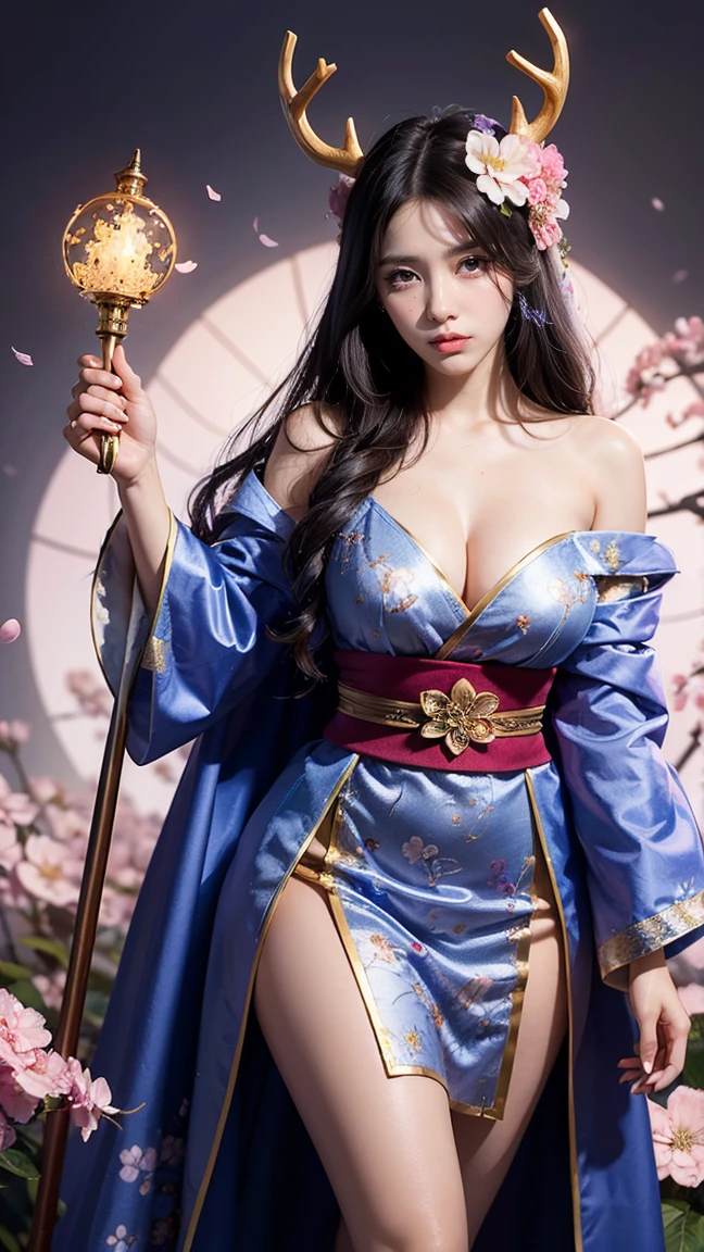 Create an image of Lillia in her newest skin, 'Spirit Blossom,' from League of Legends by Riot Games,massive k-cups, She’s dressed in an ethereal, kimono-inspired outfit with floral patterns, featuring a flowing robe with cherry blossom accents, delicate antlers adorned with flowers, and a glowing, magical staff.