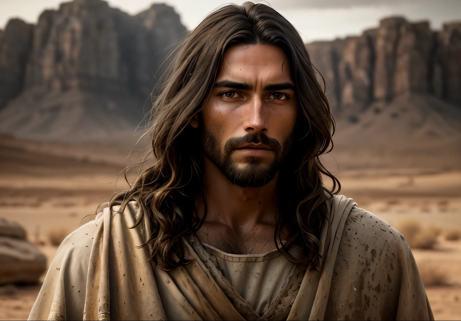 JESUS CHRIST PHOTO clear: realistic epic, smooth cinematic portrait, highly resalist, with rocky desert background, light brown eyes, smooth skin, adobe lightroom, photographic laboratory, highly detailed, faded, (neutral colors: 1.2), (hdr: 1.4), (soft colors:1.2), hyperdetailed, (artstation:1.4), cinematic, warm lights, dramatic light, (intricate details:1.1), complex background, (rutkowski:0.66), (blue and orange:0.4)