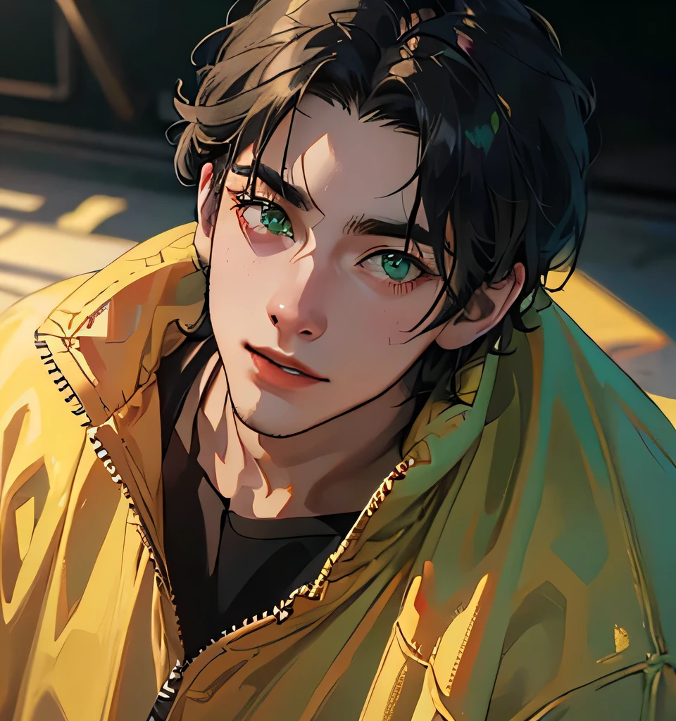 (best quality, 4k, 8k, high resolution, masterpiece: 1.2), ultra detailed, (realistic, photorealistic, photorealistic: 1.37), cinematic lighting, hdr image 1:4, a man, 22 years old, very handsome, green eyes , straight black hair, open red baggy sweatshirt, baggy black pants, white tennis shoes, smiling