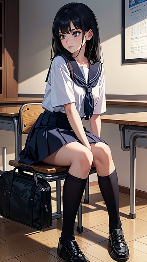 Beautiful attention to detail, Beautiful lip detail, Very detailed目と顔, Long eyelashes, 1 girl, Face close-up, inside the School, In the classroom, 18-year-old, Sweat, Dark skin, (Long black hair),dissatisfaction, Sulky, Sailor suit, Dark Blue, White shirt, Short sleeve, School, Dark Blue Skirt, Black Skirt, Knee-high socks, sneakers, School bag, Highest quality, 4K, 8k, High resolution, masterpiece:1.2, Very detailed, Realistic, photoRealistic, photo-Realistic:1.37, High resolution, 超High resolution, Studio Lighting, Ultra-fine painting, Sharp focus, Physically Based Rendering, Very detailed説明, Professional, Vibrant colors, Bokeh, Portraiture