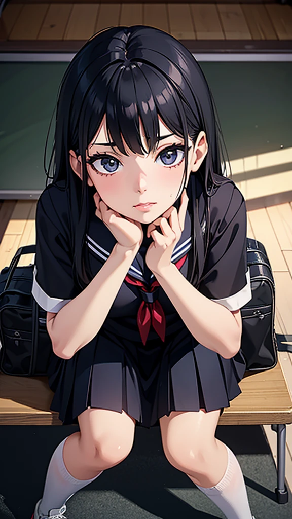 Beautiful attention to detail, Beautiful lip detail, Very detailed目と顔, Long eyelashes, 1 girl, Face close-up, inside the School, In the classroom, 18-year-old, Sweat, Dark skin, (Long black hair),dissatisfaction, Sulky, Sailor suit, Dark Blue, White shirt, Short sleeve, School, Dark Blue Skirt, Black Skirt, Knee-high socks, sneakers, School bag, Highest quality, 4K, 8k, High resolution, masterpiece:1.2, Very detailed, Realistic, photoRealistic, photo-Realistic:1.37, High resolution, 超High resolution, Studio Lighting, Ultra-fine painting, Sharp focus, Physically Based Rendering, Very detailed説明, Professional, Vibrant colors, Bokeh, Portraiture